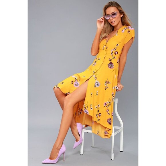 Free People Women S Lost In You Floral Midi Dress Golden Yellow V Neck Ruffle - Picture 1 of 10
